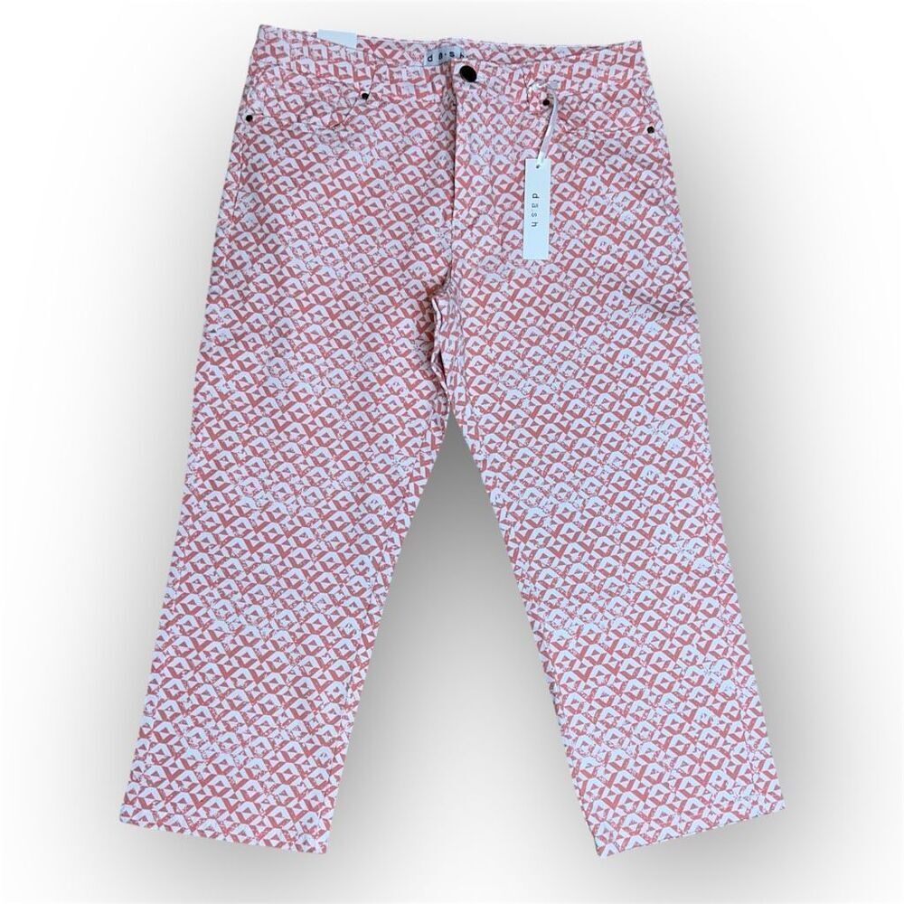Dash Geometric Patterned Coral & White Cotton Blend Cropped Pants, Women’s 8
